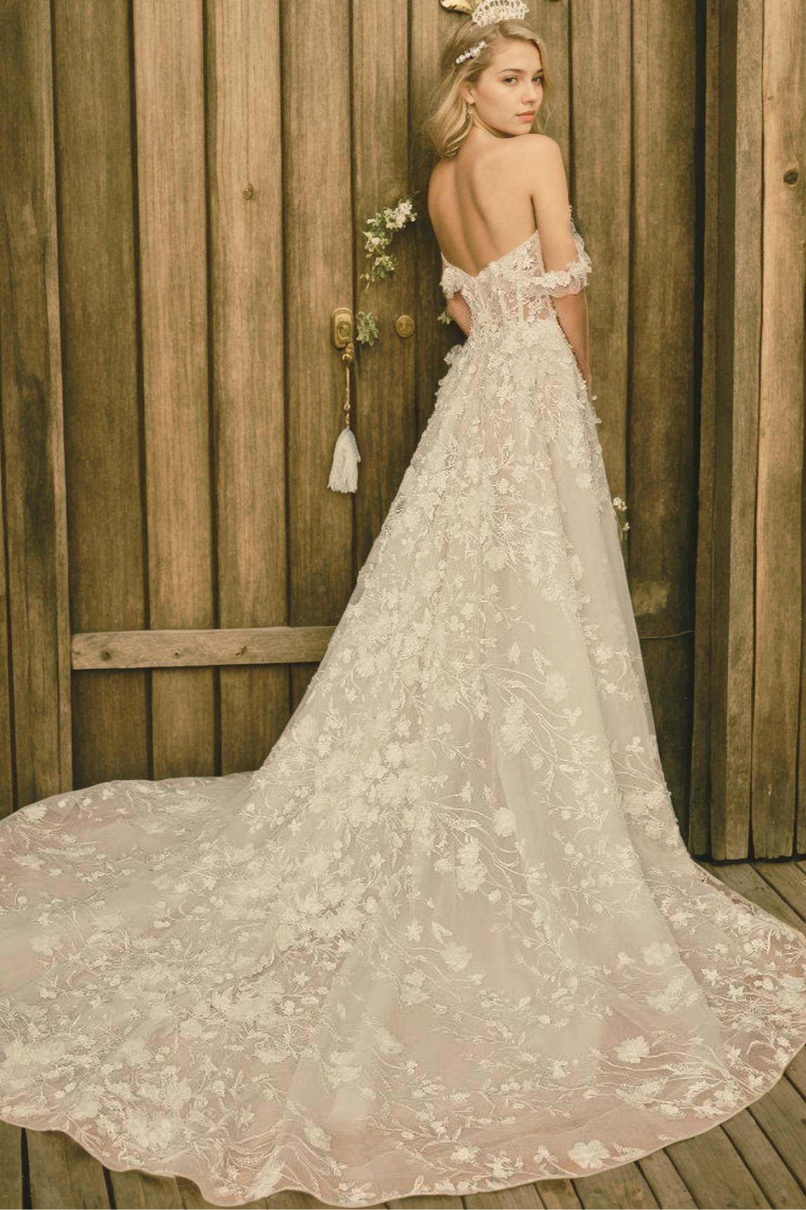 A-Line Wedding Dress In Soft Ivory Tulle And Floral Lace With Sweetheart Off-Shoulder Neckline And Flowing Train For A Rustic Autumn Style