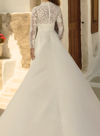 Elegant A-Line Wedding Dress with Illusion Neckline, Long Sheer Sleeves, and Puffy Train in Ivory Satin and Soft Floral Lace