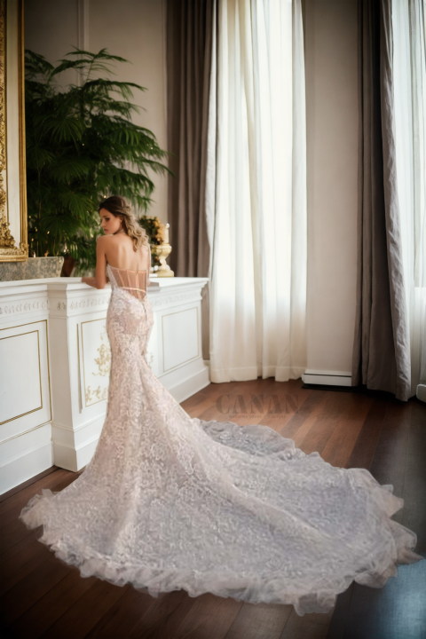 Minimalist Mermaid Wedding Dress Featuring Sweetheart Neckline and Strapless Design with Long Train  and Sheer Back in Off-White Lace