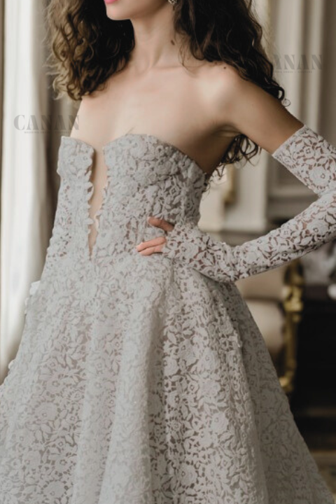 Princess-Inspired A-Line Wedding Dress with Deep Plunge Neckline, Long Drop Sleeves, and Wide Flared Skirt in Classic Off-White Floral Lace