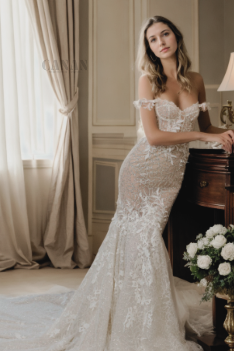 Custom Gentle Mermaid Bridal Gown With Sweetheart Off-Shoulder Neckline, Flared Skirt, And Sheer Back In Ivory Lace