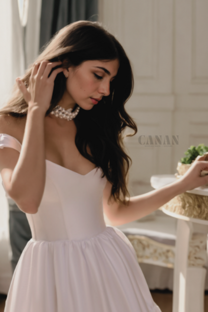 Unique A-Line Off-Shoulder Bridal Gown With Three-Tiered Train In Modern Off-White Satin Fabric