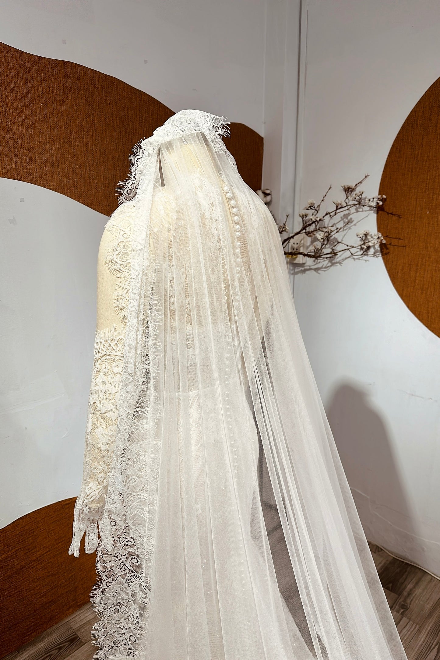 Romantic Sheer Lace Corset Wedding Dress with Long Sleeves & Cathedral Veil