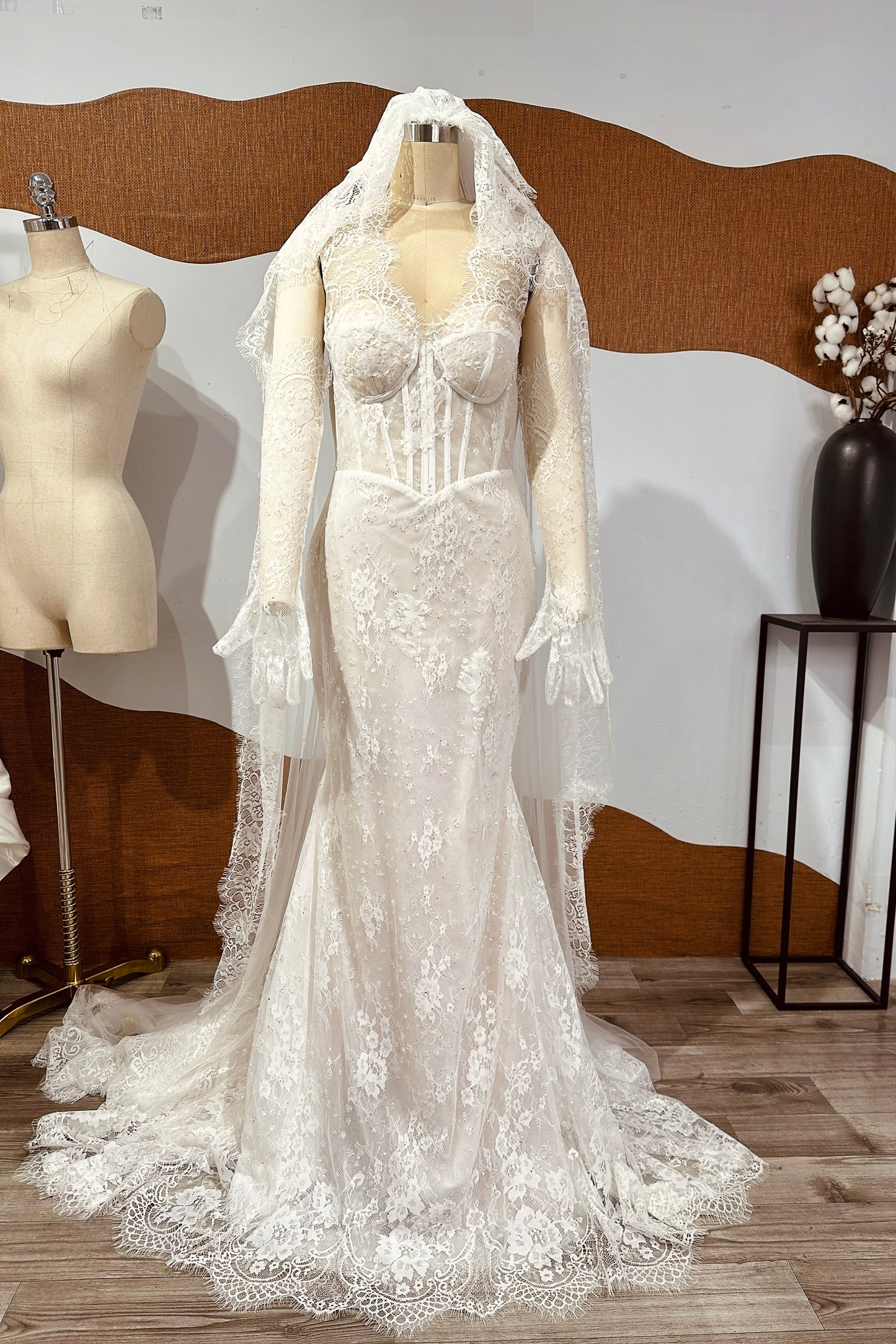 Romantic Sheer Lace Corset Wedding Dress with Long Sleeves & Cathedral Veil