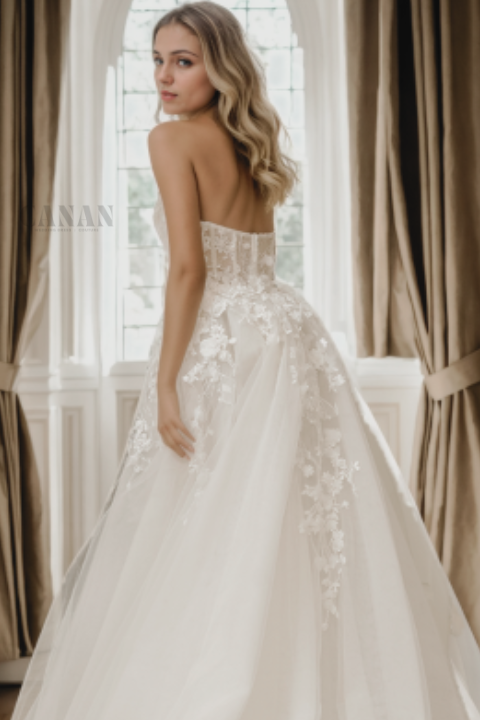 Custom Modern A-Line Wedding Dress With Sweetheart Neckline, Bow Back, And Soft Off-White Floral Lace