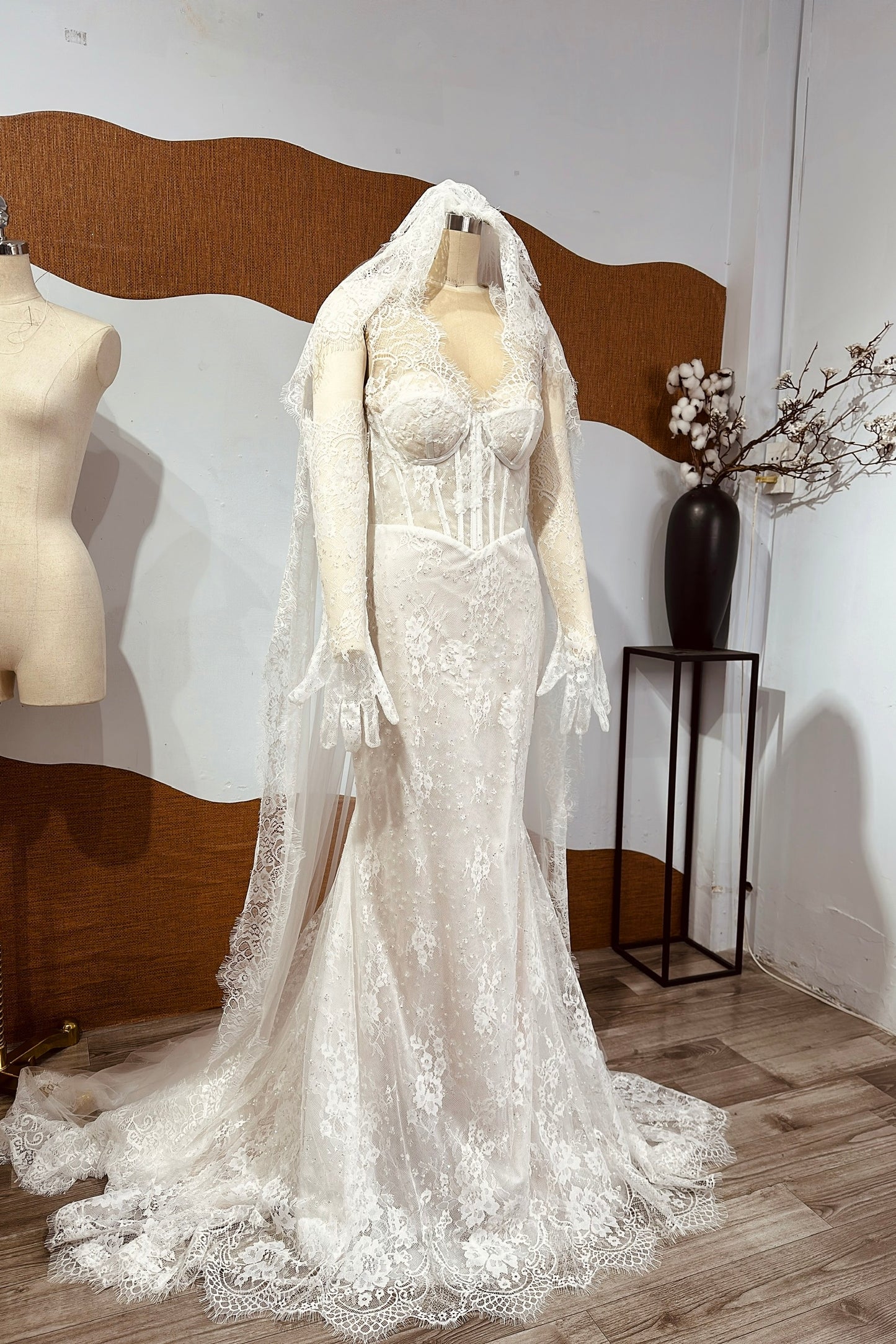 Romantic Sheer Lace Corset Wedding Dress with Long Sleeves & Cathedral Veil