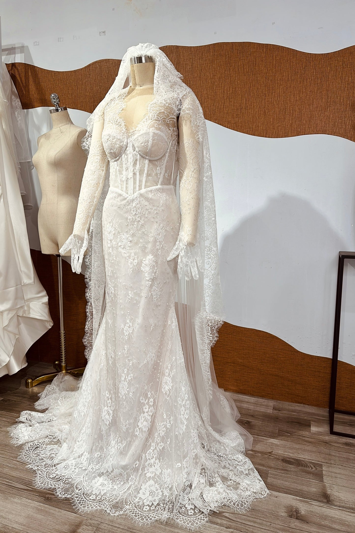 Romantic Sheer Lace Corset Wedding Dress with Long Sleeves & Cathedral Veil