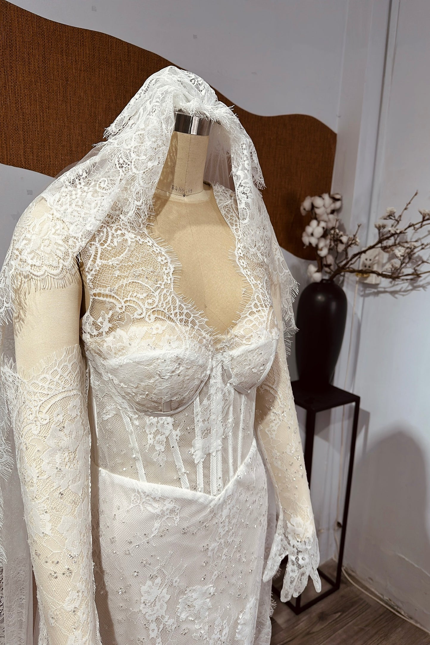 Romantic Sheer Lace Corset Wedding Dress with Long Sleeves & Cathedral Veil