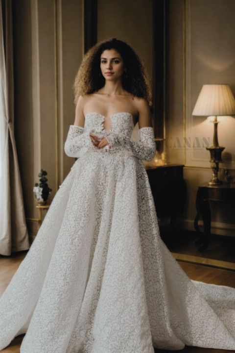 Princess-Inspired A-Line Wedding Dress with Deep Plunge Neckline, Long Drop Sleeves, and Wide Flared Skirt in Classic Off-White Floral Lace