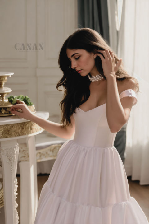 Unique A-Line Off-Shoulder Bridal Gown With Three-Tiered Train In Modern Off-White Satin Fabric
