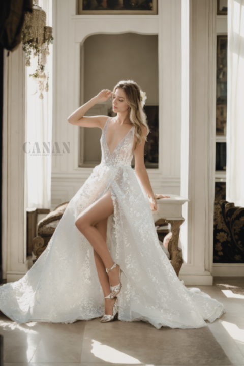 Custom Alluring A-Line Wedding Dress With V-Neck, Straps, High Slit, And Elegant Soft Off-White Floral Lace