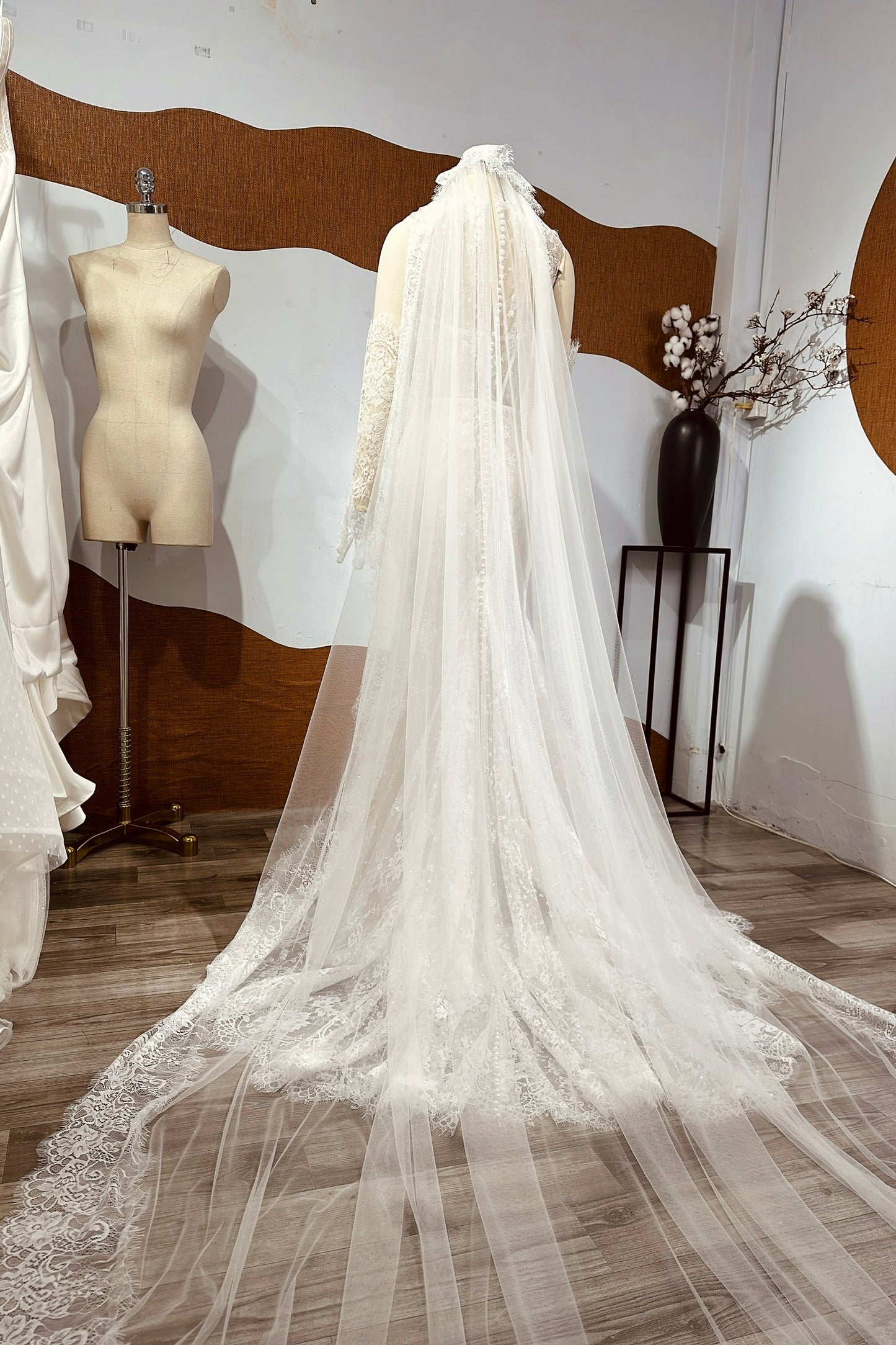 Romantic Sheer Lace Corset Wedding Dress with Long Sleeves & Cathedral Veil