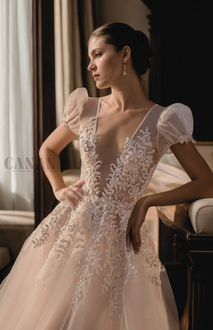 Elegant A-Line Autumn Wedding Dress Featuring Deep V-Neck with Puff Sleeves and Open Back in Ivory Lace and Tulle