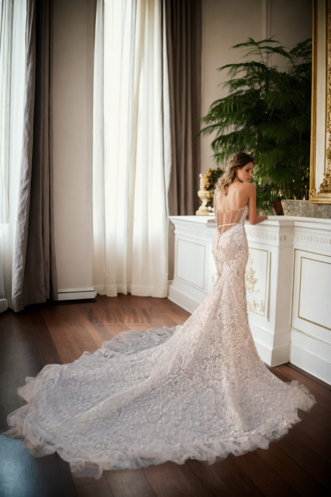 Minimalist Mermaid Wedding Dress Featuring Sweetheart Neckline and Strapless Design with Long Train  and Sheer Back in Off-White Lace