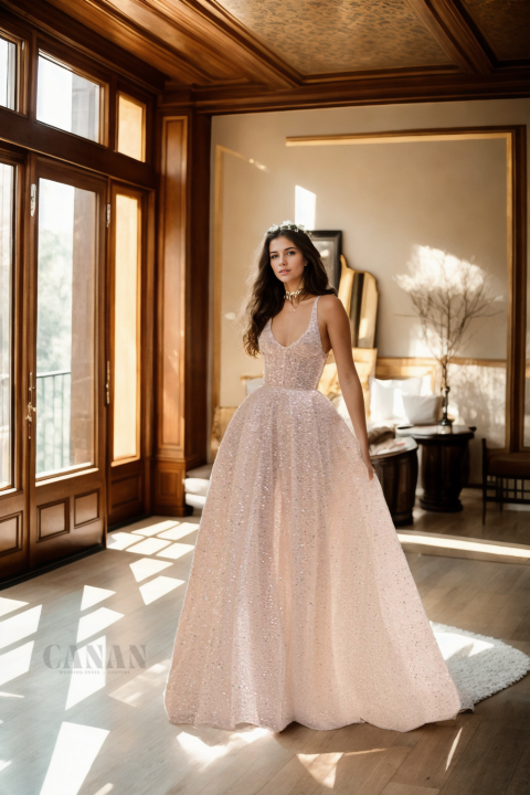 Personalized Regal Ball Gown With Deep V-Neck, Spaghetti Straps, Long Full Skirt, And High-Quality Off-White Sparkling Lace