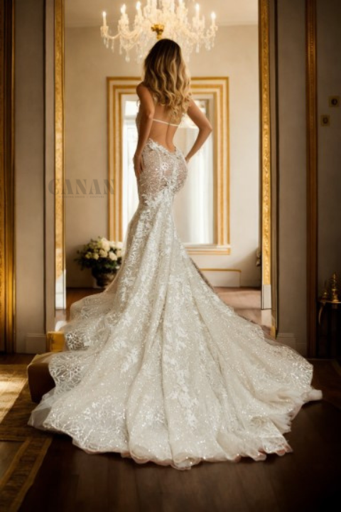 Custom Gentle Mermaid Bridal Gown With Sweetheart Off-Shoulder Neckline, Flared Skirt, And Sheer Back In Ivory Lace