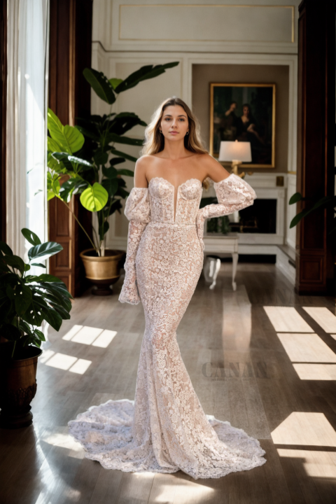 Alluring Mermaid Wedding Dress Featuring Deep Plunge Neckline with Off-Shoulder Puffy Sleeves and Flared Train in Premium Ivory Lace