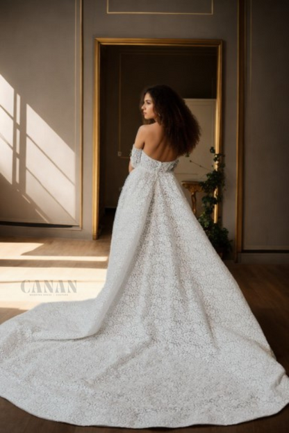 Princess-Inspired A-Line Wedding Dress with Deep Plunge Neckline, Long Drop Sleeves, and Wide Flared Skirt in Classic Off-White Floral Lace