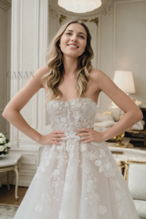 Custom Modern A-Line Wedding Dress With Sweetheart Neckline, Bow Back, And Soft Off-White Floral Lace