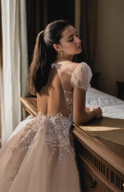 Elegant A-Line Autumn Wedding Dress Featuring Deep V-Neck with Puff Sleeves and Open Back in Ivory Lace and Tulle