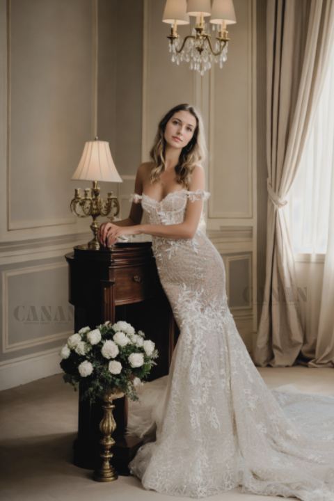 Custom Gentle Mermaid Bridal Gown With Sweetheart Off-Shoulder Neckline, Flared Skirt, And Sheer Back In Ivory Lace