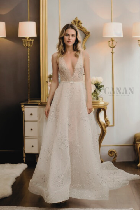 Personalized V-Neck A-Line Wedding Dress with Sparkling Lace