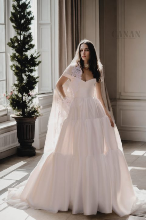 Unique A-Line Off-Shoulder Bridal Gown With Three-Tiered Train In Modern Off-White Satin Fabric