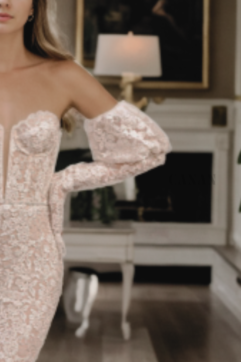 Alluring Mermaid Wedding Dress Featuring Deep Plunge Neckline with Off-Shoulder Puffy Sleeves and Flared Train in Premium Ivory Lace