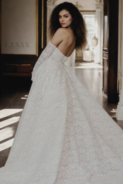 Princess-Inspired A-Line Wedding Dress with Deep Plunge Neckline, Long Drop Sleeves, and Wide Flared Skirt in Classic Off-White Floral Lace