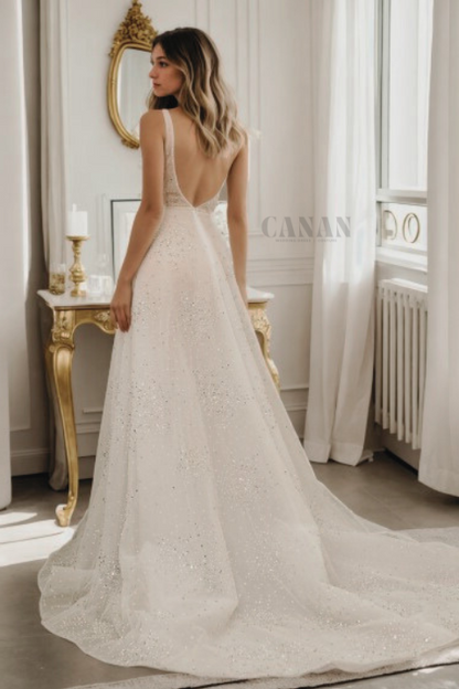 Personalized V-Neck A-Line Wedding Dress with Sparkling Lace