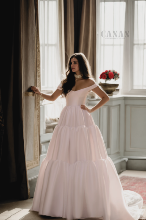 Unique A-Line Off-Shoulder Bridal Gown With Three-Tiered Train In Modern Off-White Satin Fabric