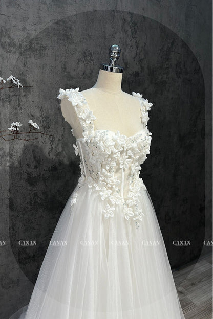 Farrah - Off-the-Shoulder Corset Wedding Dress with Material Tulle