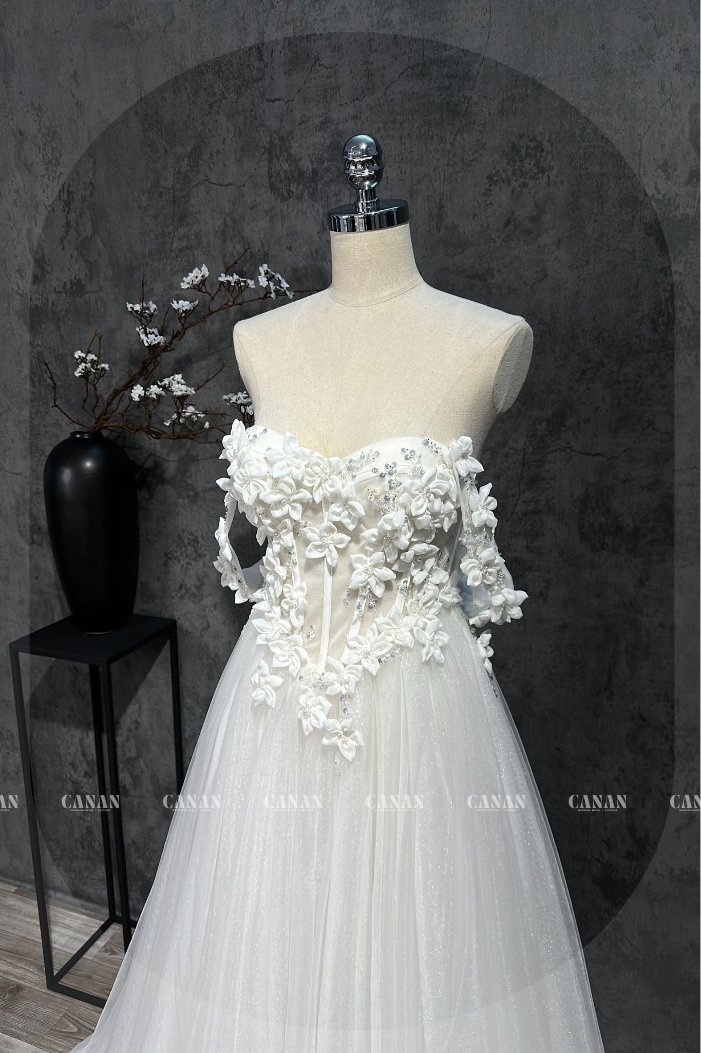 Farrah - Off-the-Shoulder Corset Wedding Dress with Material Tulle