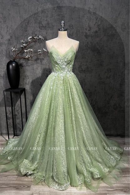 A Line Corset Wedding Dress With Green Tulle