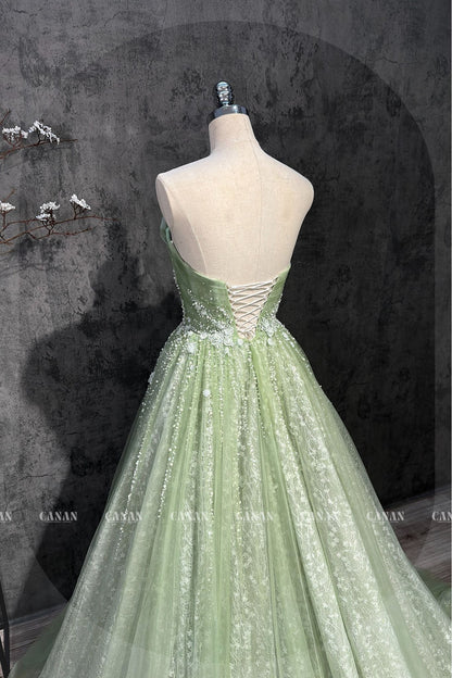 A Line Corset Wedding Dress With Green Tulle