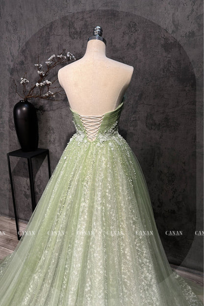 A Line Corset Wedding Dress With Green Tulle