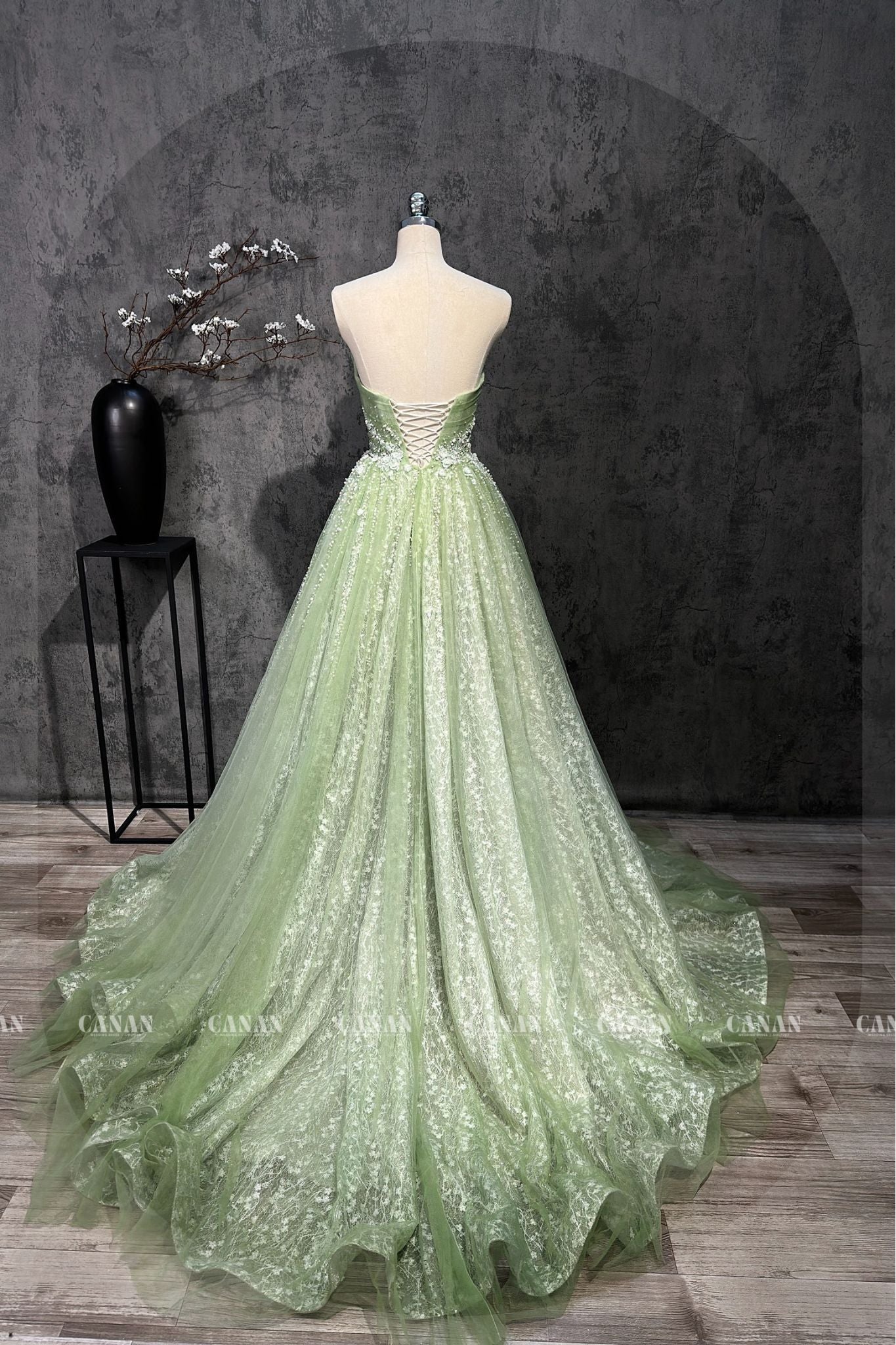 A Line Corset Wedding Dress With Green Tulle