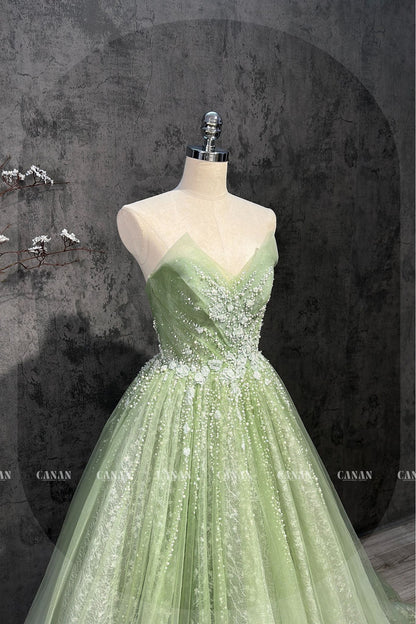 A Line Corset Wedding Dress With Green Tulle