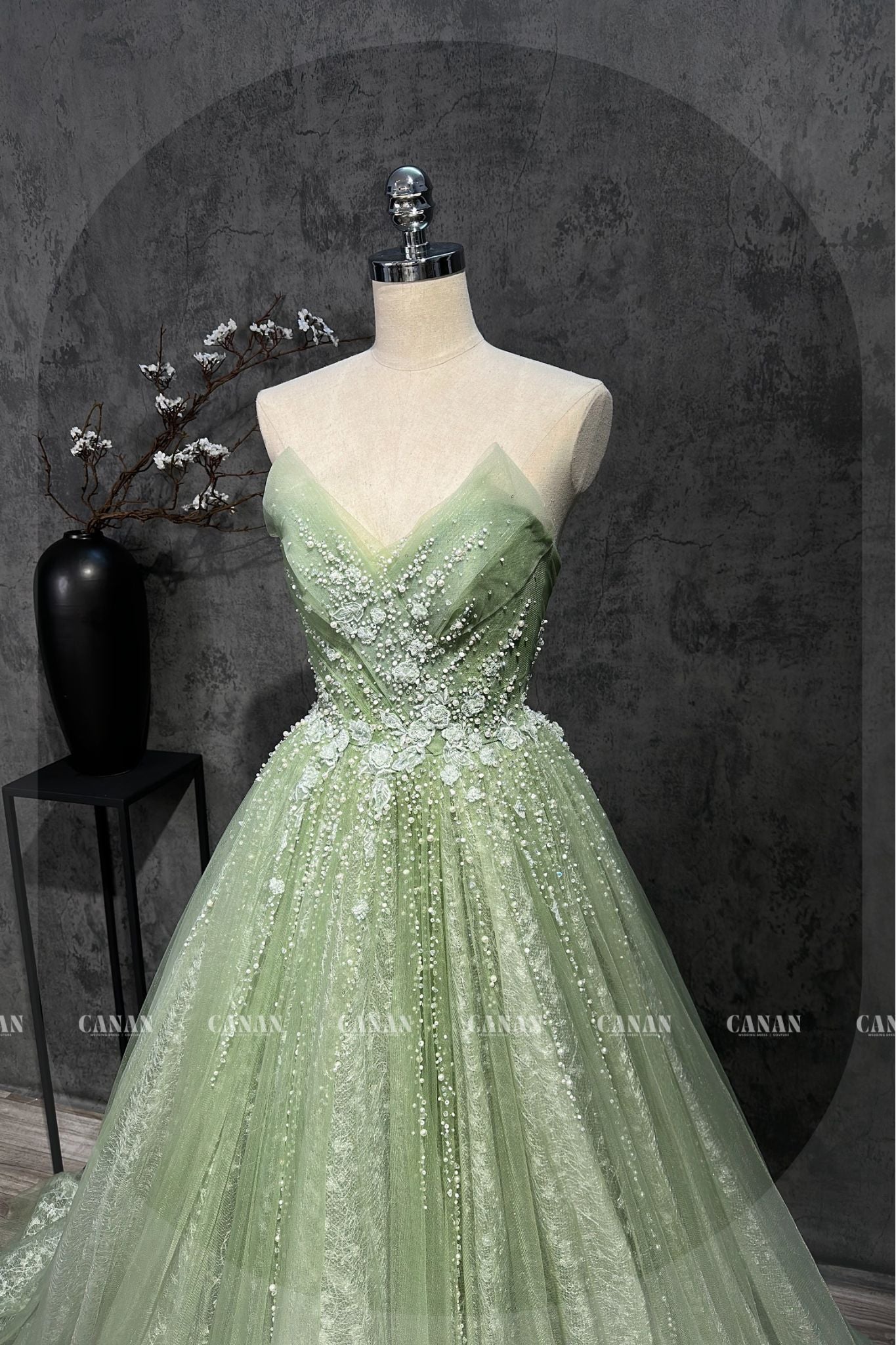 A Line Corset Wedding Dress With Green Tulle