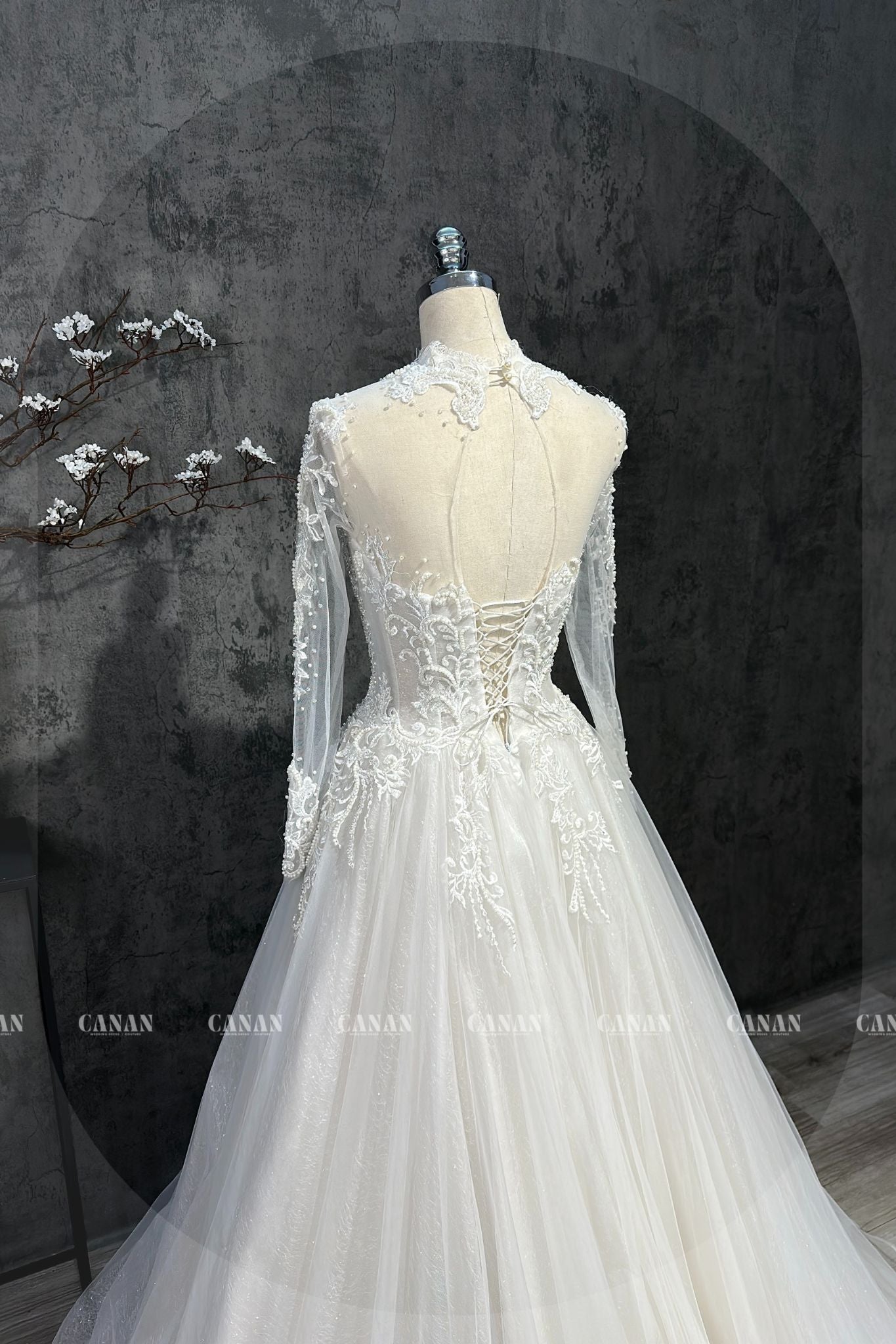 Long Sleeve Corset A-Line Wedding Dress Crafted from Soft Tulle