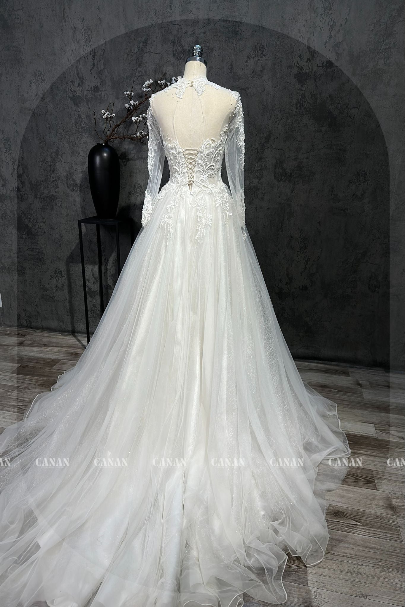 Long Sleeve Corset A-Line Wedding Dress Crafted from Soft Tulle