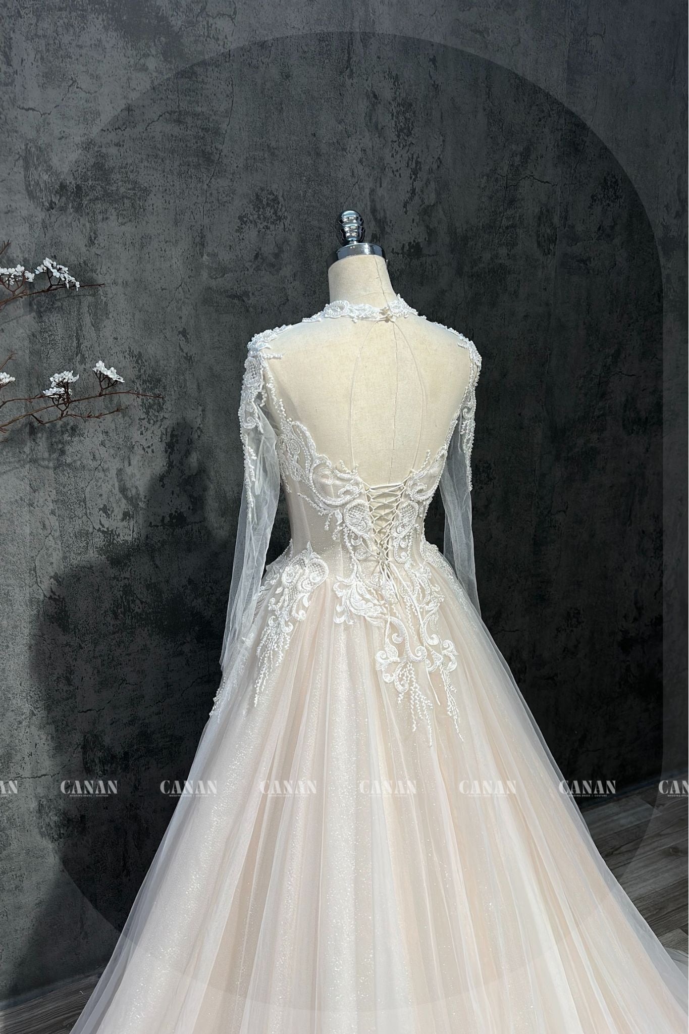 A-Line Corset Wedding Dress with Luxurious Floral Lace , Long Sleeve Corset Wedding Dress