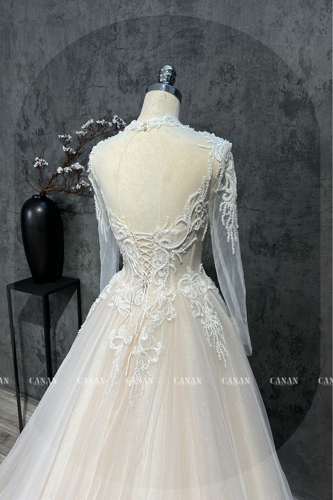 A-Line Corset Wedding Dress with Luxurious Floral Lace , Long Sleeve Corset Wedding Dress