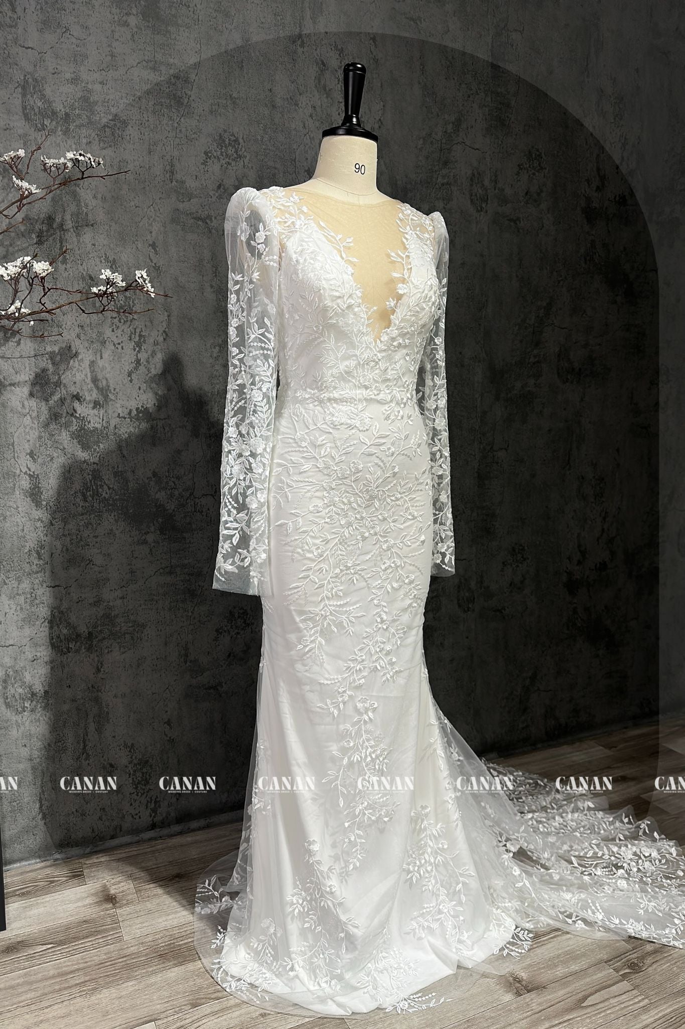 A-Line Wedding Dress with Beautiful Floral Lace - Open Back and Delica –  CANAN Bridal