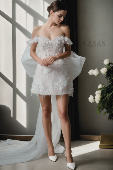 Charming Mini Off-Shoulder Bridal Dress With Beaded Lace And 3D Floral Accents In Off-White