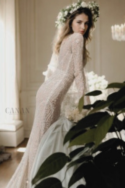 Elegant Mermaid Wedding Dress with High Neckline Long Sleeves Long Train and Open Back in Premium Off-White Sparkling Floral Lace