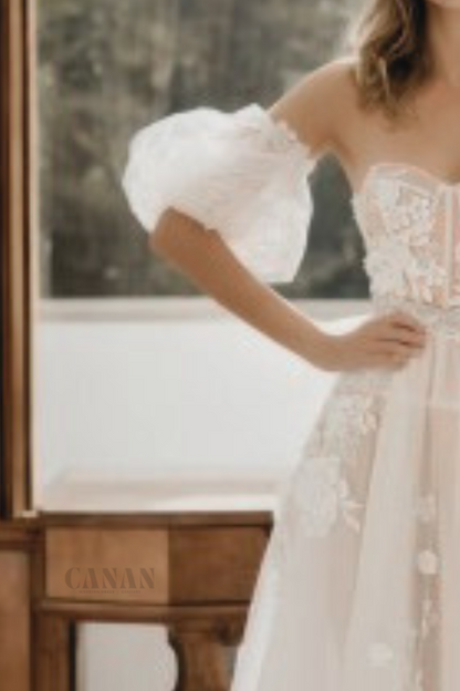 Natural A-Line Wedding Dress with Sweetheart Neckline, Removable Short Sleeves, and Flowing Train in Premium Off-White Floral Lace and Tulle