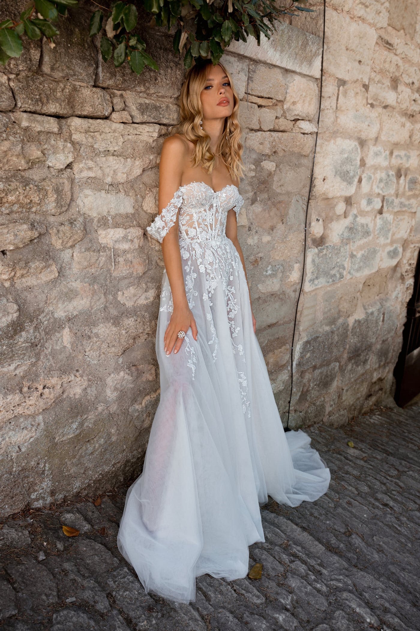 Off-the-Shoulder Corset Wedding Dress with Floral Lace and Gentle White Tulle - Custom Bridal Gown
