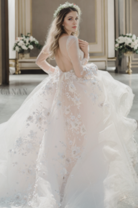 Elegant A-Line Wedding Dress with Deep V-Neck, Long Sleeves, Lightly Puff Train, and Sheer Back in Soft Ivory Floral Lace