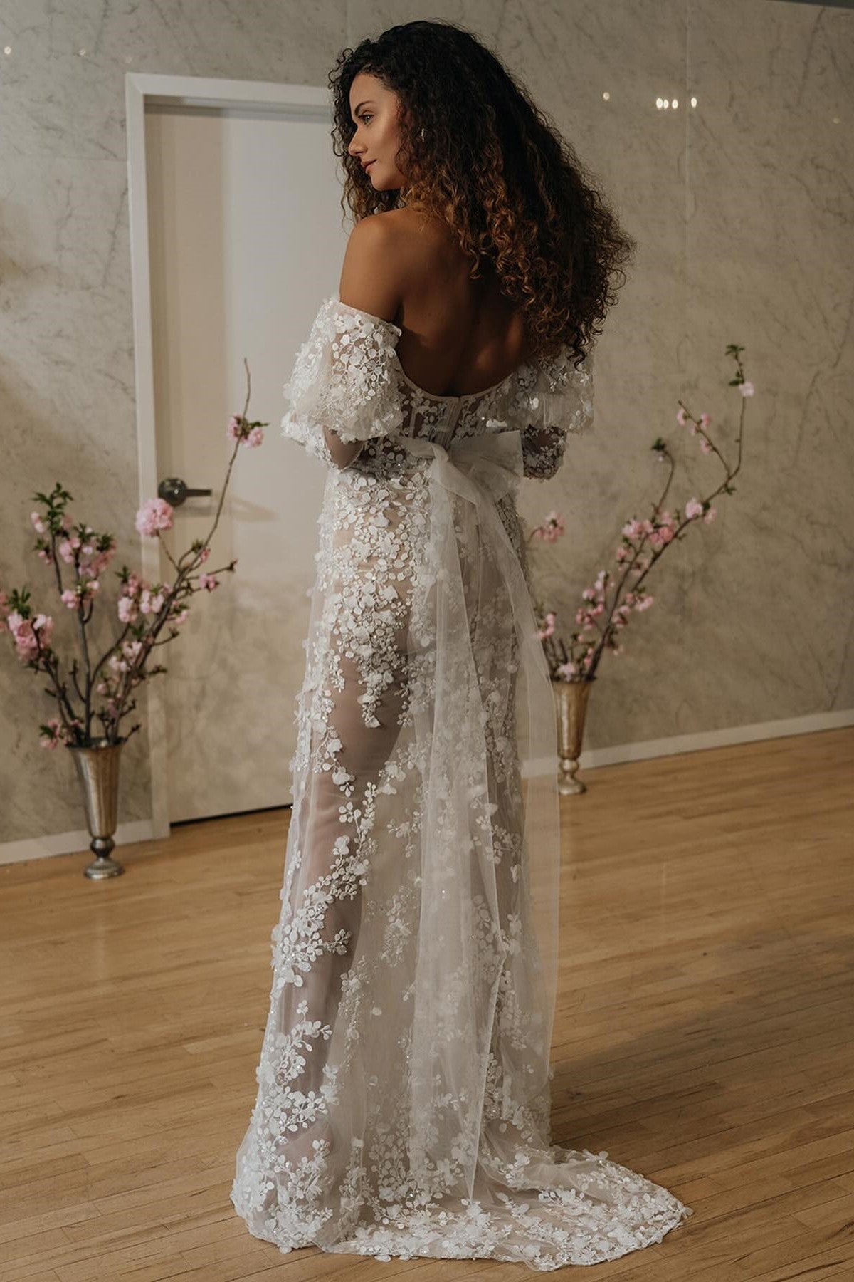 Luxurious and Seductive Sparkling Floral Lace Mermaid Corset Wedding Dress with Sexy Long Off-the-Shoulder Sleeves - Custom Bridal Gown